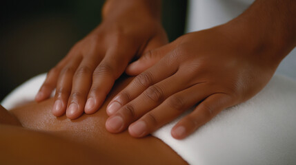 Fototapeta premium A close-up of a massage therapistâs hands working on a clientâs back with soothing oils. The therapistâs technique is captured in detail, with gentle pressure applied, creating a s
