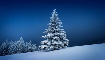 Obraz premium The snow covered Christmas tree contrasts with the dark blue backdrop