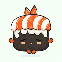 Cute funny Sushi doing yoga character. Vector hand drawn traditional cartoon vintage, retro, kawaii character illustration icon. Isolated on light green background. Sushi relax character