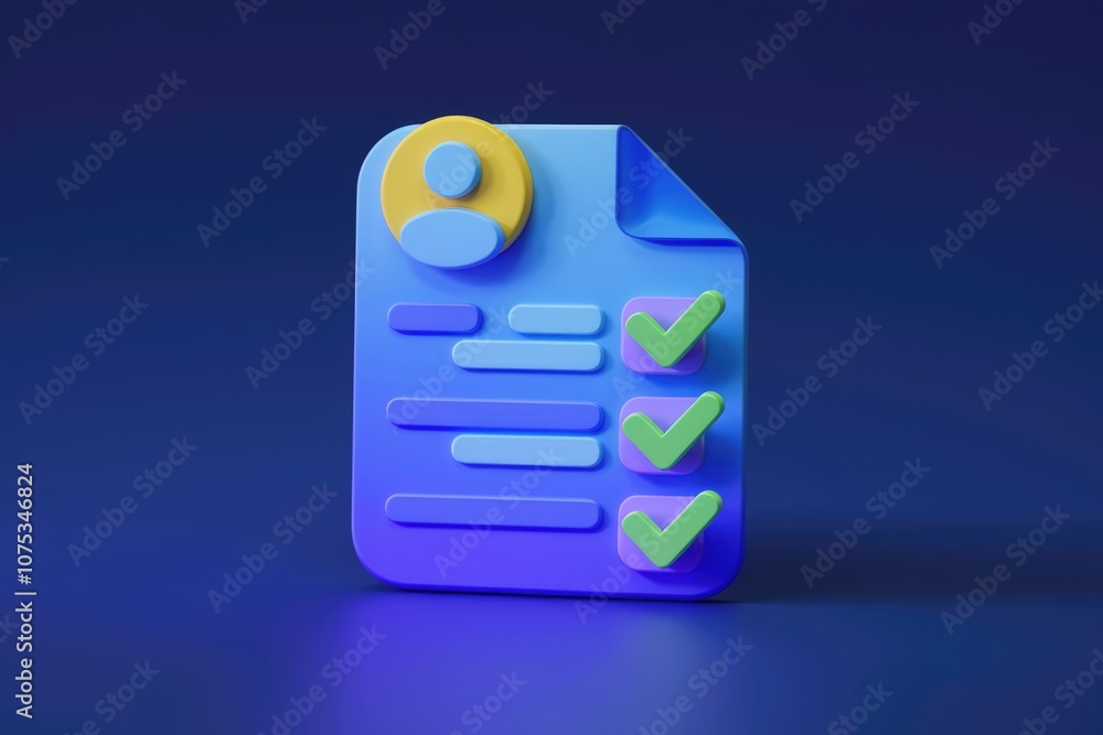 Poster 3D rendering of a checklist with a profile icon and green checkmarks