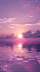 Vibrant purple sunset casting reflections on serene ocean waters, expansive view, tranquil atmosphere, daytime beauty