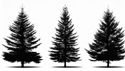 Obraz premium Vector set of black silhouettes of fir trees isolated on a white background.