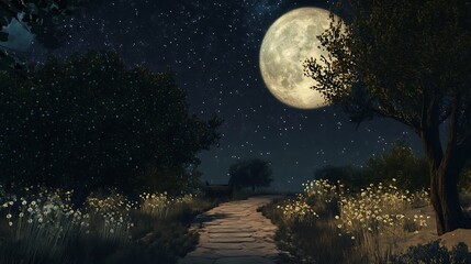 A Stone Path Winding Through a Moonlit Forest