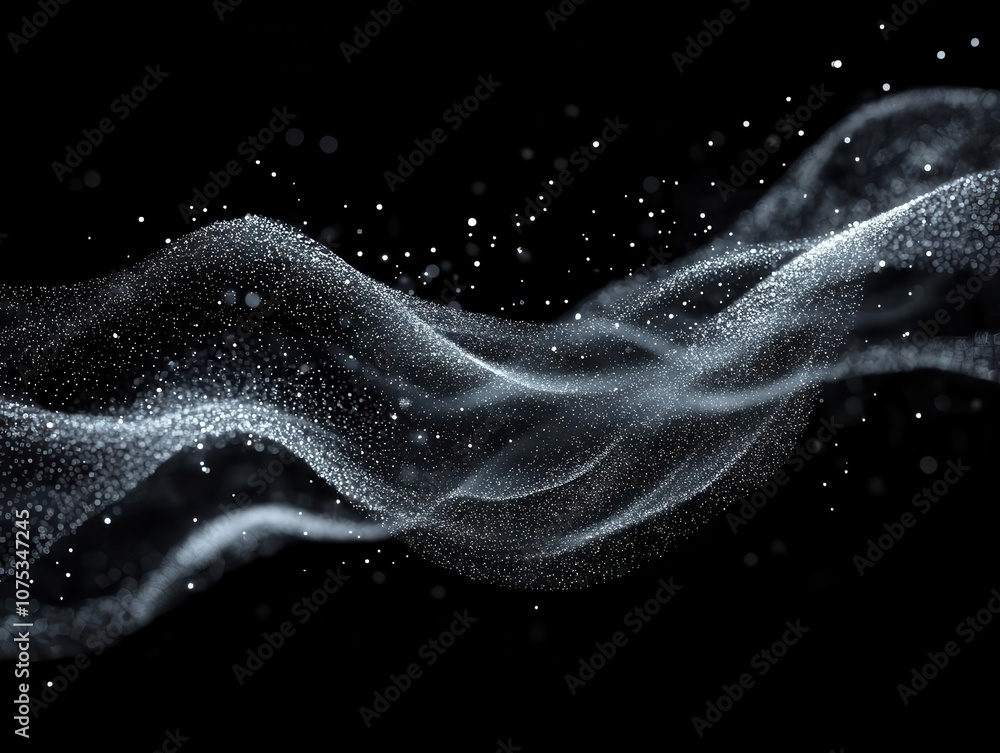 Poster abstract wave of white glitter and stardust cascades across a dark background, with twinkling bokeh 