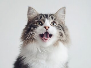 adorable fluffy cat with wide open mouth, bright eyes, and whiskers twitching, perfectly framed against a pristine white background conveying joy and playfulness