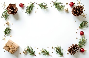 Fototapeta premium set of Christmas icons pine cones, and festive decorations on a white background in golden colors 