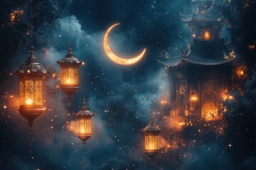 Fototapeta premium Enchanting ramadan night scene with glowing lanterns and crescent moon