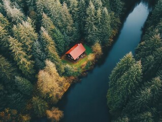 aerial view of a secluded cabin nestled in a lush forest by a serene river, showcasing nature's tranquility and the beauty of rustic living amidst greenery