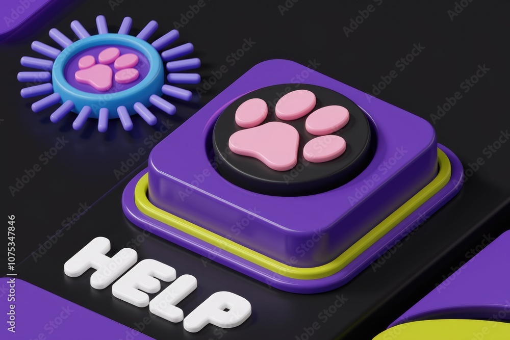 Poster 3D Rendered Purple Button with Paw Print and Help Text