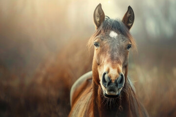 Naklejka premium thoroughbred horse with blurred background on the street, empty space for text