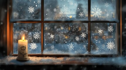 Naklejka premium Frosted window with snowflakes and warm candle glow, cozy winter holiday 