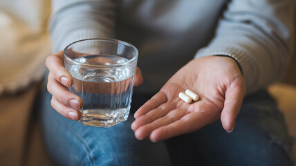 Person preparing to take medication with pills in hand and a glass of water on the table in a cozy indoor setting