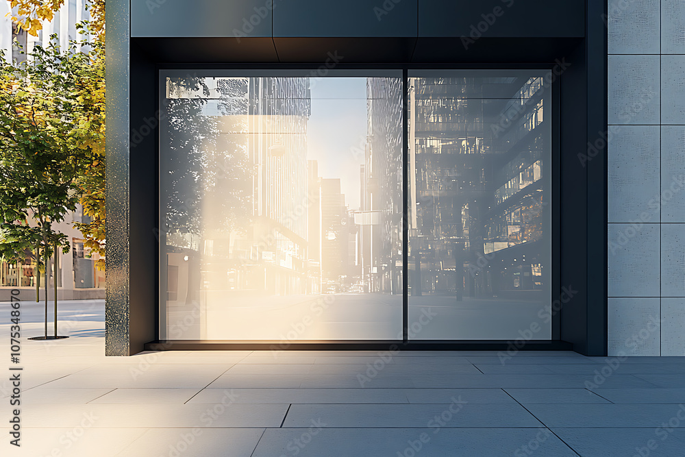 Poster perspective view on blank light wall background in empty shop window with space for your product pre