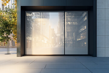 Perspective view on blank light wall background in empty shop window with space for your product presentation behind glass walls with city reflection in modern building outdoors. 3D rendering, mockup