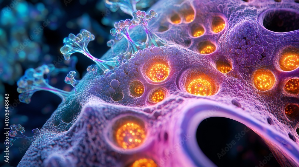 Poster a close-up view of a colorful and detailed biological structure with luminescent centers