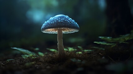 Fototapeta premium Fungal Fantasy: Glowing Mushroom in a Dark Landscape.