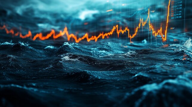 Financial Charts Overlapping with Turbulent Ocean Waves