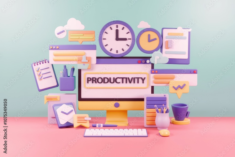 Poster 3D illustration of productivity concept with computer  clock  and stationery.