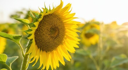 Fototapeta premium Vibrant sunflower field at sunset with golden light
