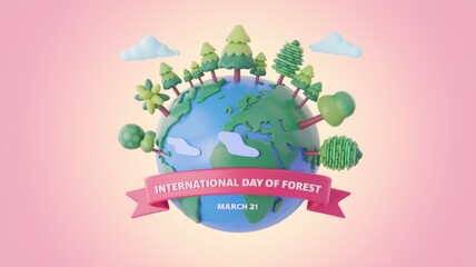 3D illustration of Earth with trees  celebrating International Day of Forest on March 21st.