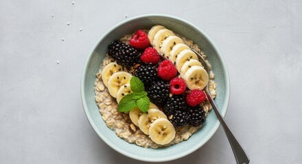 Healthy oatmeal breakfast bowl with fruits berries