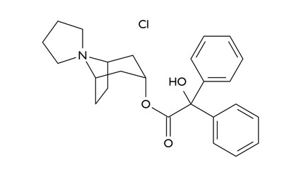 trospium chloride molecule, structural chemical formula, ball-and-stick model, isolated image anticholinergic