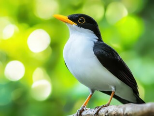 Naklejka premium bird with striking white and black plumage and a prominent yellow beak standing proudly against a blurred green backdrop. its poise and dignity are emphasized by the contrast in colors