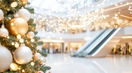 Close-up of decorated Christmas tree with golden baubles and lights in a festive shopping arcade, capturing holiday warmth and luxury.