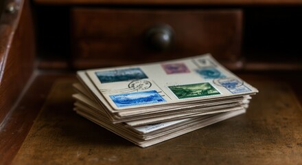 Vintage stamp collection on wooden desk