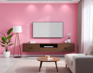 modern living room with tv with pink wall background