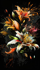Abstract lily or alstromeria flowers on a black background. Bright color burst. Mobile splash screen template. Floral artistic illustration.