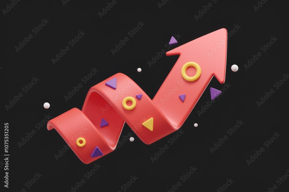 Poster red arrow with yellow rings and purple triangles pointing upwards.