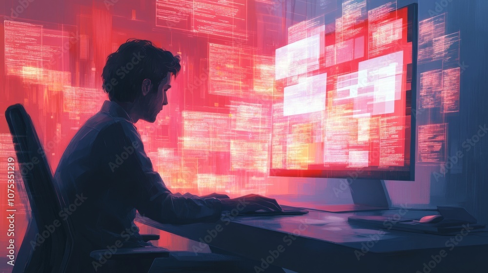 Poster a silhouetted figure working at a computer with a red and white background