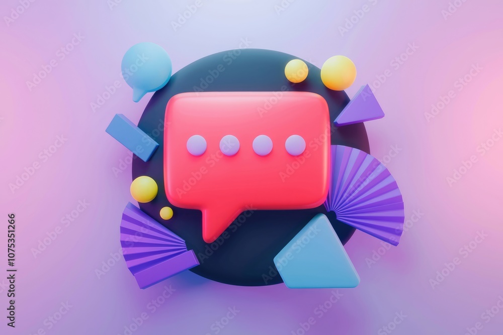 Fototapete 3d render of a pink chat bubble with three dots on a colorful background