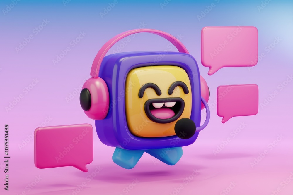 Poster A happy cartoon character with a headset talking in speech bubbles.
