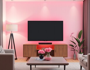 modern living room with tv with pink wall background