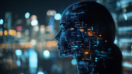 A woman's silhouette with digital code overlay, blurred cityscape in the background.