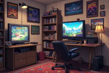 Cozy retro gaming room with classic consoles and posters for nostalgic gamers