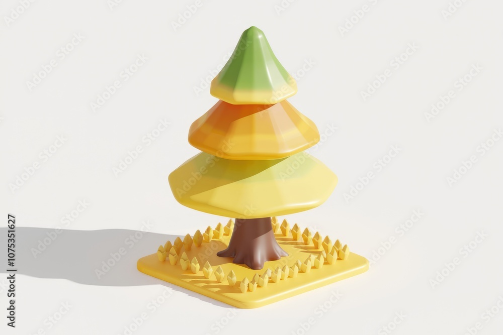 Poster a 3d model of a cartoon tree with autumn leaves and a brown trunk