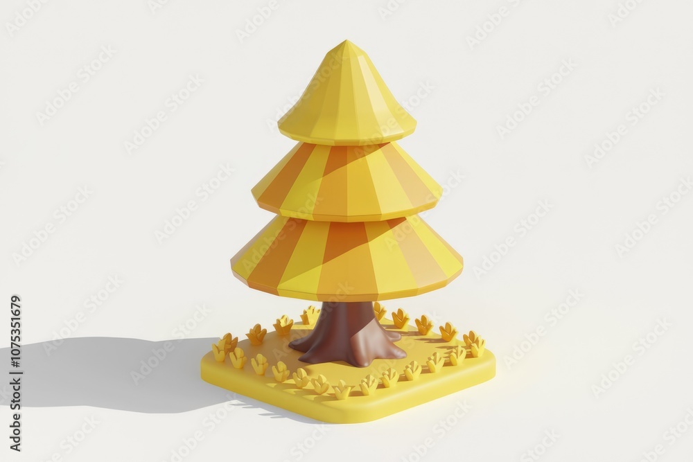 Poster a stylized 3d rendering of a yellow tree with a brown trunk.