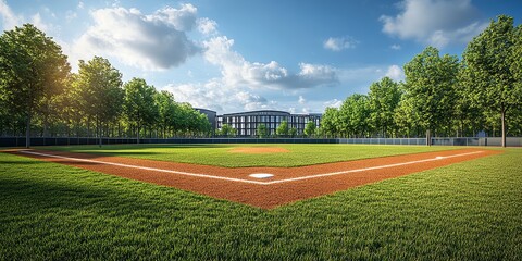 An empty baseball field with lush green grass and a dirt infield, a row of trees surrounding the perimeter, and a modern building in the background.