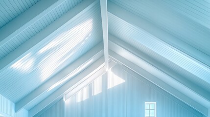Obraz premium White wooden ceiling with beams and a window.