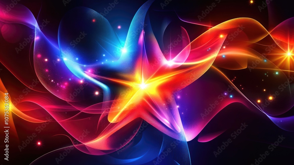 Poster abstract neon background with a fractal explosion star featuring glossy elements and dynamic lines