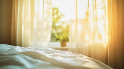 A tranquil minimalist bedroom bathed in soft morning light with sheer curtains