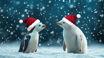 Polar bear and penguin with Santa hats, snow falling around, cute holiday design 