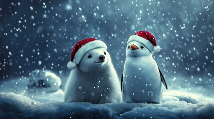 Polar bear and penguin with Santa hats, snow falling around, cute holiday design 