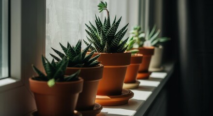 Fototapeta premium Sunlit indoor potted plants on windowsill