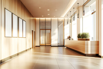 Fototapeta premium Interior of modern hotel lobby with white and wooden walls, tiled floor, wooden reception counter and vertical mock up posters. Generative AI 