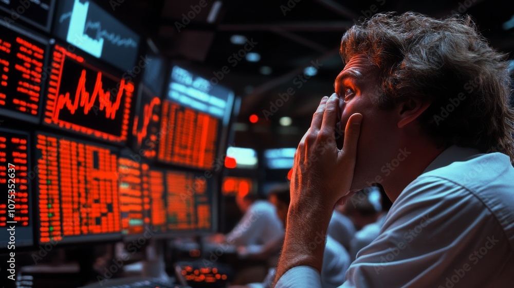 Poster a man reacts to red stock market data on a computer screen