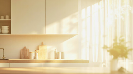 A serene Scandinavian kitchen with natural wood accents and soft light filtering through curtains